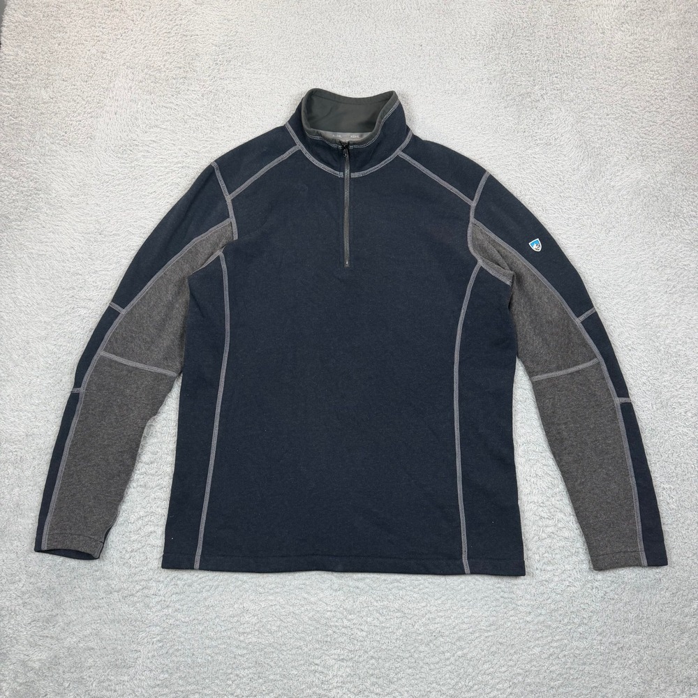 Kuhl Mens Medium Quarter Zip Pullover Navy Blue Grey Colorblock Flatlock Seams